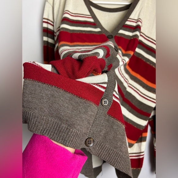VTG Alfred Dunner 2X Cardigan Sweater Button Down Striped Gold Shiny Preppy - Picture 5 of 13